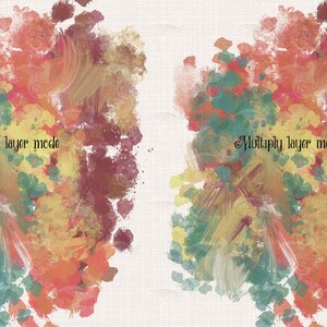 May include: Abstract digital art with brushstroke textures in shades of orange, yellow, green, and maroon. The image is divided into two sections, each with text: "Normal layer mode" and "Multiply layer mode."