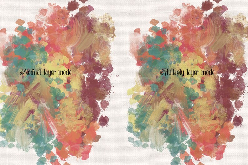 May include: Abstract digital art with brushstroke textures in shades of orange, yellow, green, and maroon. The image is divided into two sections, each with text: "Normal layer mode" and "Multiply layer mode."
