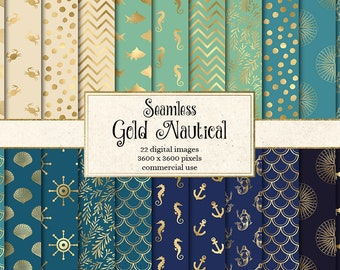 Gold Nautical Digital Paper, Seamless Ocean Patterns (Digital Download)