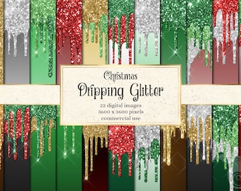 Weihnachten Glitter Drip Digital Papier, Urlaub Rot Grün Gold (Digitaler Download)