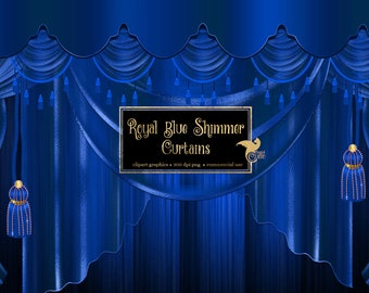 Royal Blue Shimmer Curtains Clipart, digital curtain backdrop clip art graphics, stage curtains, theater drapes, curtain png overlays