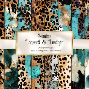 Leopard and Leather Digital Paper, seamless cowhide leather textures digital paper, western backgrounds, commercial use instant download