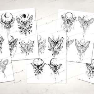 May include: A set of 12 black and white digital illustrations of moths with crescent moons and floral accents. The moths are drawn in a detailed and intricate style.