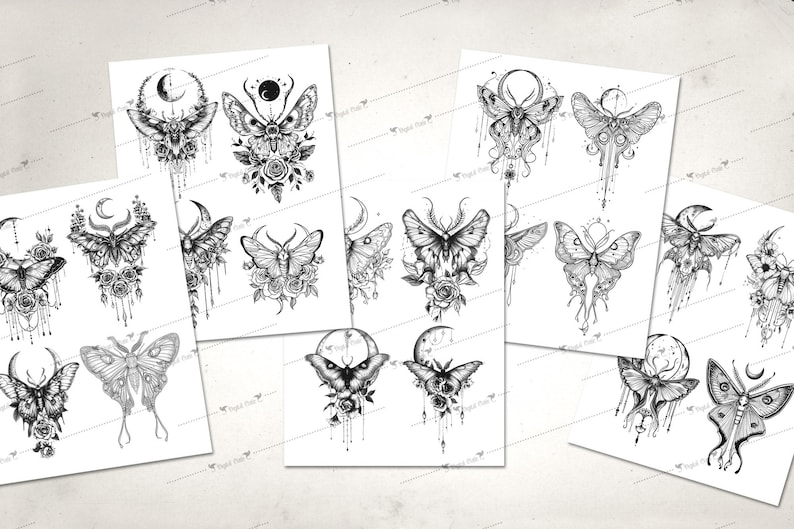 May include: A set of 12 black and white digital illustrations of moths with crescent moons and floral accents. The moths are drawn in a detailed and intricate style.