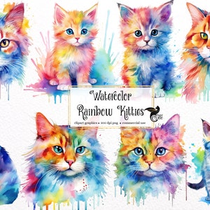 Aquarela Rainbow Kitties Clipart - gatos fofos e gatinhos com cores do arco-íris download instantâneo em formato PNG para uso comercial