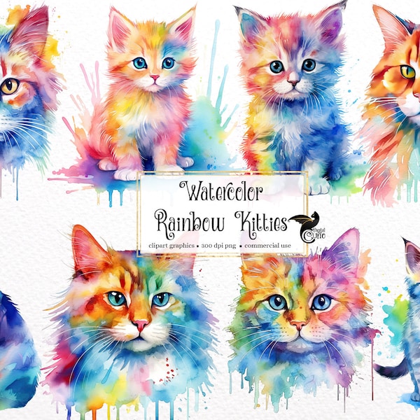 Watercolor Rainbow Kitties Clipart - cute cats and kittens with rainbow colors PNG format instant download for commercial use