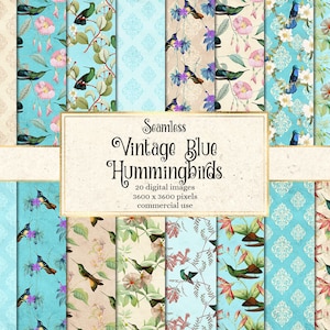 Vintage Blue Hummingbirds Digital Paper, seamless hummingbird patterns printable scrapbook paper instant download