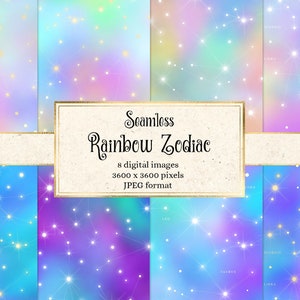 Papel digital Rainbow Zodiac - texturas perfeitas com detalhes em estrelas douradas, padrões imprimíveis para uso comercial