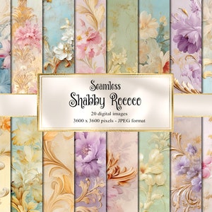 May include: A set of 20 digital seamless patterns featuring floral designs in shades of pink, blue, yellow, and purple with gold accents. The patterns are 3600 x 3600 pixels and in JPEG format. The text "Seamless Shabby Rocco" is displayed on the image.