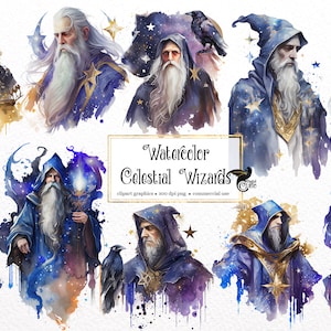 Watercolor Celestial Wizards Clipart - magic fantasy watercolor PNG format instant download for commercial use