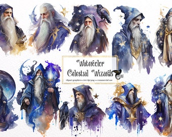 Aquarela Celestial Wizards Clipart - download instantâneo em aquarela de fantasia mágica em formato PNG para uso comercial