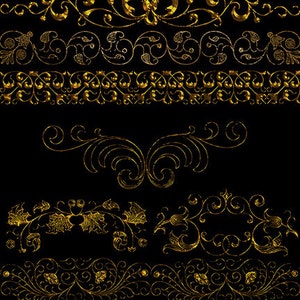 Puede incluir: Un conjunto de diez bordes decorativos dorados con intrincados diseños florales y de volutas. Los bordes son perfectos para agregar un toque de elegancia a cualquier proyecto.