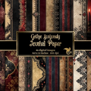 Puede incluir: Conjunto de papel de diario digital con temática gótica borgoña. La imagen presenta varios papeles estampados en tonos borgoña, negro y dorado. El texto de la imagen dice "Gothic Burgundy Journal Paper" con detalles sobre las imágenes digitales y dimensiones de 21,6 x 27,9 cm.