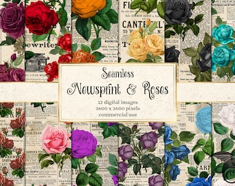 Zeitungspapier mit Rosen, nahtlos, (digitaler Download)