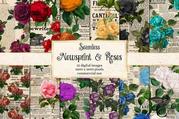 Newsprint and Roses Digital Paper Seamless Vintage Flower - Etsy