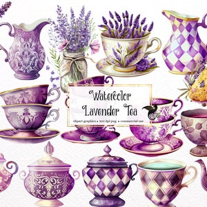 Watercolor Lavender Tea Clipart, purple tea cups, garden tea clip art PNG graphics instant download for commercial use
