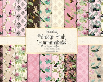 Vintage Pink Hummingbird Digital Paper, Seamless Patterns (Digital Download)