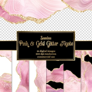 Rosa und Gold Glitzer Achat Bordüren, nahtlose digitale Geode PNG-Overlays mit Funkeln für die kommerzielle Nutzung, Hochzeitseinladung oder Webdesign