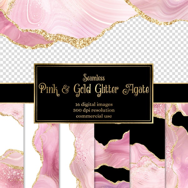 Pink and Gold Glitter Agate Borders, seamless digital geode PNG overlays with sparkle for commercial use wedding invitation or web design