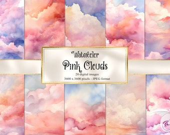 Watercolor Pink Clouds Digital Paper: Scrapbook Backgrounds (Digital Download)