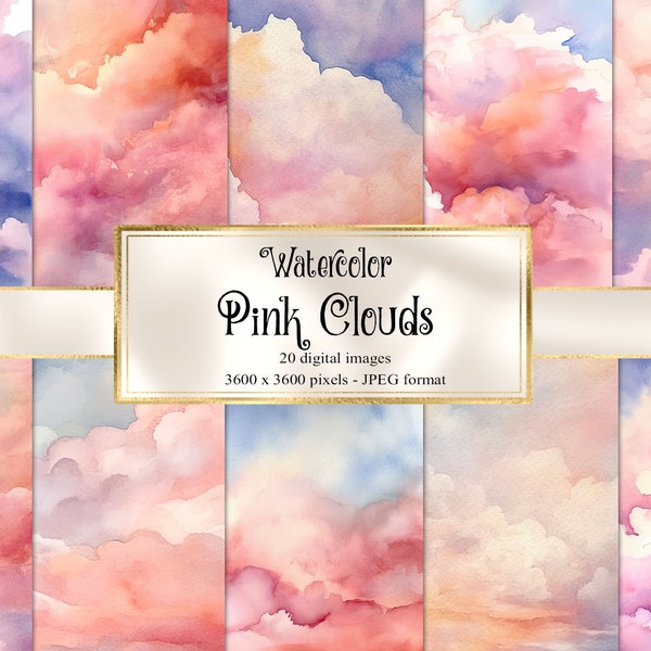 Watercolor Pink Clouds Digital Paper - watercolor printable instant download printable scrapbook paper for commercial use