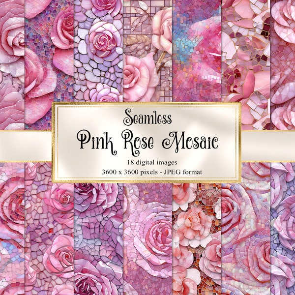 Pink Rose Mosaic Digital Paper, seamless printable textures printable scrapbook paper