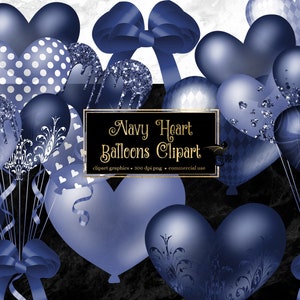 Navy Heart Balloons Clipart - digital clip art graphics for party invitations and commercial use designs