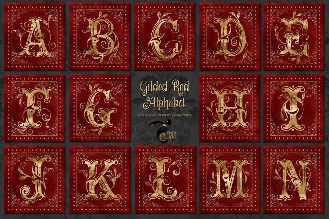 Red Gilded Alphabet Clipart, Vintage Gothic Monogram (digital Download ...