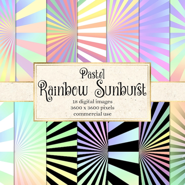 Pastel Rainbow Sunburst Digital Paper - instant download printable backgrounds for commercial use