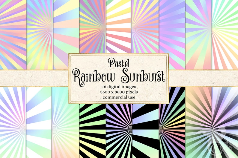 Pastel Rainbow Sunburst Digital Paper fondos imprimibles de descarga instantánea para uso comercial imagen 1