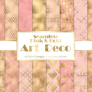 Pink and Gold Art Deco Digital Paper, seamless deco patterns with geometric designs gold foil instant download for commercial use
