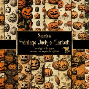 May include: A set of 20 digital seamless patterns featuring vintage jack-o'-lantern illustrations. The patterns are in a variety of colors, including orange, brown, and green, and feature a distressed, antique look. Each pattern is 3600 x 3600 pixels and is in JPEG format.