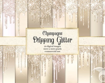 Champagne Dripping Glitter Digital Paper, glitter backgrounds with frosting drips printable scrapbook paper for commercial use