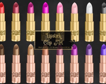 Può includere: Set di 16 tubetti di rossetto dorati con diverse tonalità di rossetto, tra cui rosso, rosa, viola, marrone, nero e bianco. I tubetti di rossetto hanno un design con glitter dorati. "Lipstick Clip Art" è scritto in un carattere decorativo su uno sfondo nero.