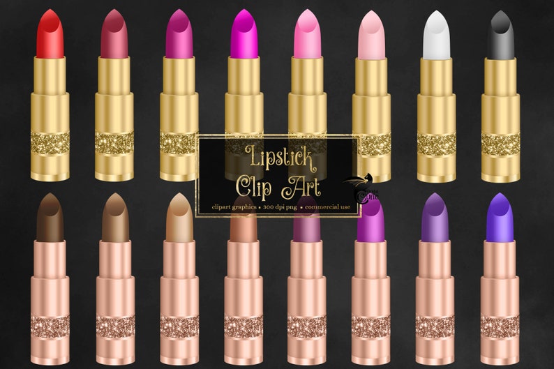 Op de afbeelding: Set van 16 gouden lippenstiftbuisjes met verschillende lippenstiftkleuren, waaronder rood, roze, paars, bruin, zwart en wit. De lippenstiftbuisjes hebben een gouden glitterontwerp. "Lipstick Clip Art" staat in een decoratief lettertype op een zwarte achtergrond.