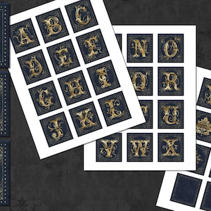 Clipart dell'alfabeto dorato blu, grafica monogramma antico (download digitale) immagine 3