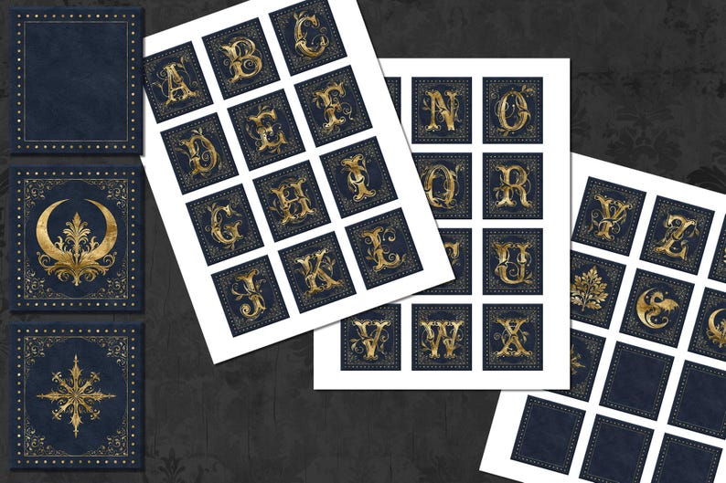Clipart dell'alfabeto dorato blu, grafica monogramma antico (download digitale) immagine 3