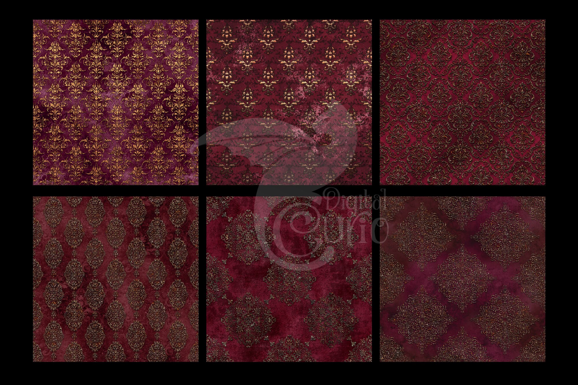 Rust Damask Texture Sangria Rust Damask Digital Paper – Burgundy Antique Seamless Patterns ...