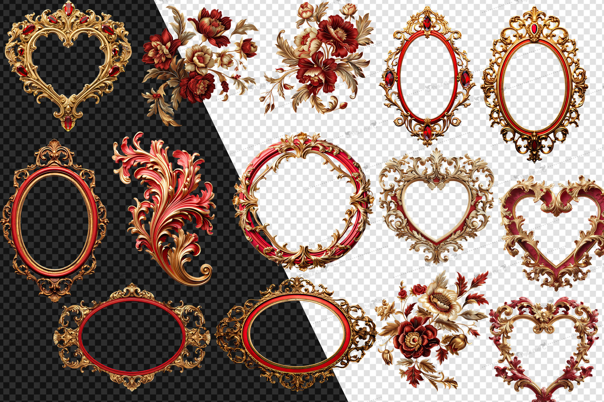 Red and Gold Rococo Flowers and Frames Clipart (PNG, Digital Download ...