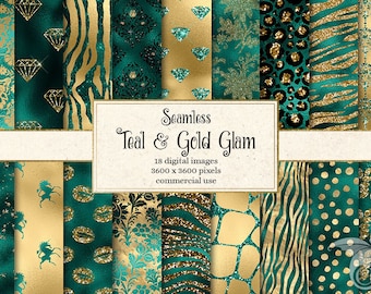 May include: A digital paper pack featuring 18 seamless patterns in teal and gold colours. The patterns include glitter, animal prints, polka dots, and damask designs. The text "Seamless Teal & Gold Glam" is displayed in the centre of the image.