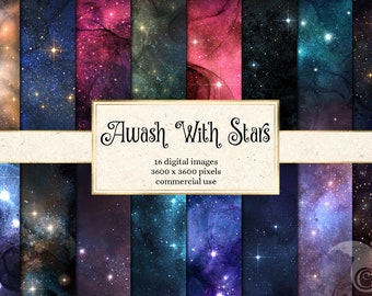 Watercolor Galaxy Star Digital Paper, Scrapbook Backgrounds (Digital Download)
