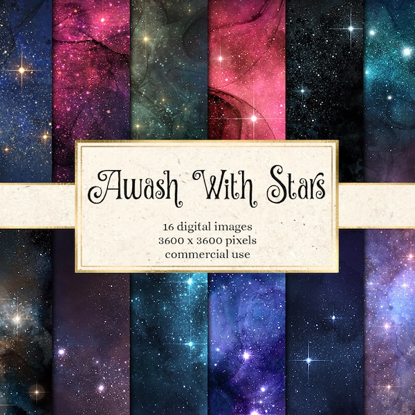 Awash with Stars digitales Papier, Aquarell Galaxie Sterne Hintergründe, Aquarell Texturen, Gold Sterne Scrapbook Papier sofortiger Download