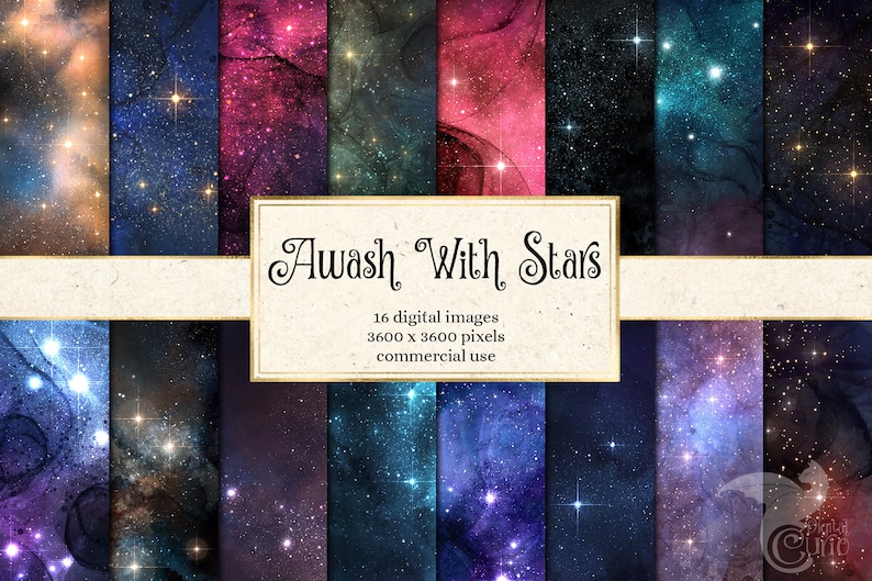 Awash with Stars digital paper, watercolor galaxy star backgrounds, watercolor textures, gold star scrapbook paper instant download image 1