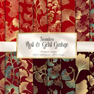 Papel digital Ginkgo vermelho e dourado, padrões de folhas perfeitas com download instantâneo em folha de ouro para uso comercial