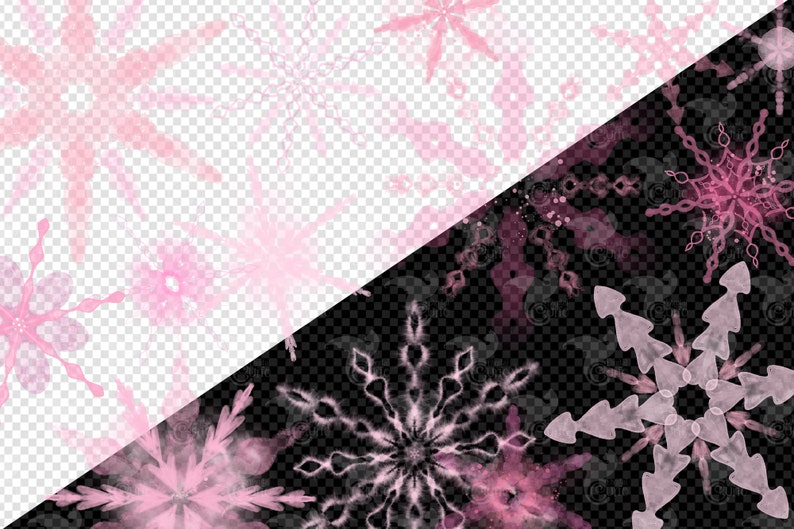 May include: A digital illustration of pink snowflakes on a transparent background. The snowflakes are arranged in a random pattern and are of varying sizes. The background is a checkered pattern.