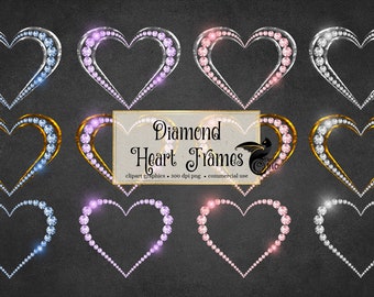 Diamond Heart Frames Clipart, instant download sparkle heart frame clip art Valentine's Day graphics for commercial use