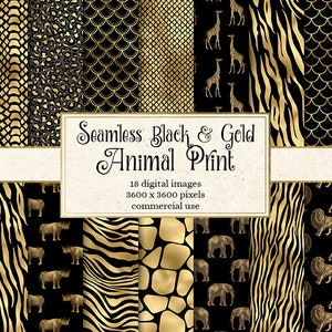 Black and Gold Animal Skins digital paper, pink seamless African animal print, giraffe, zebra, leopard, tiger stripe, safari scrapbook paper