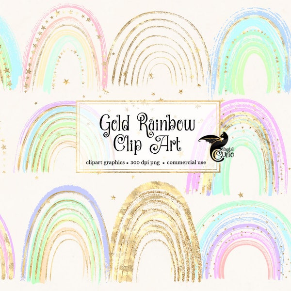 Gold Rainbows Clipart - cute rainbow clip art with gold foil and stars in png format instant download for commercial use