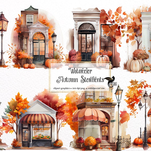 Watercolor Autumn Storefronts Clipart - cute fall shops, shopping PNG format instant download for commercial use