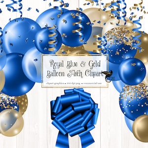 Royal Blau und Gold Ballon Bogen Clipart, Ballon png digitale Überlagerungen mit Bändern und Konfetti sofortiger Download kommerzielle Nutzung